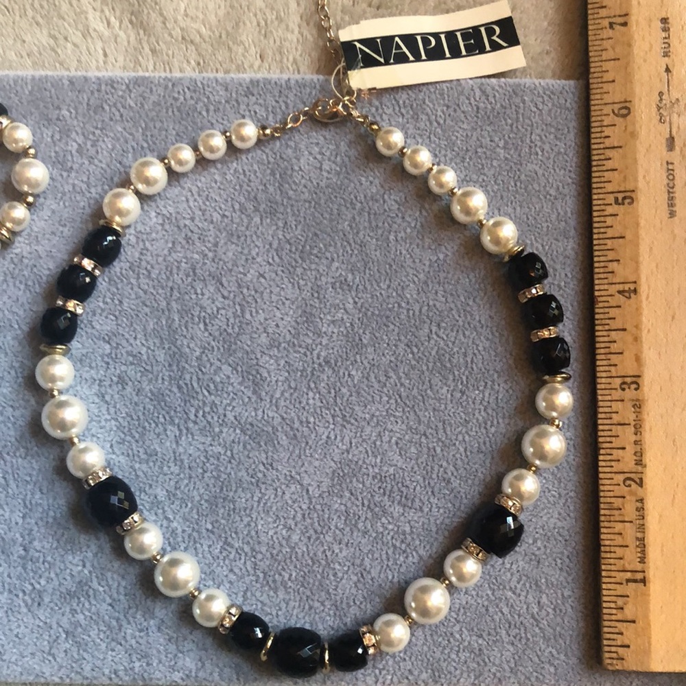 Vintage Napier Gold Tone Black, Cream Pearl Beaded Necklace
